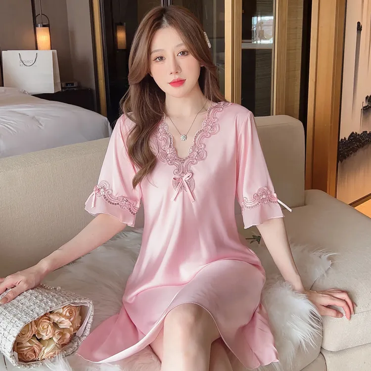 性感夏蕾丝夏季春夏睡衣女士薄款冰丝透气奢华睡裙长裙V领