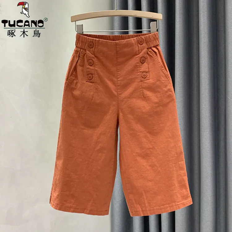 啄木鸟正品休闲裤松紧腰七分裤女阔腿裤夏季薄款五分裤百搭哈伦裤