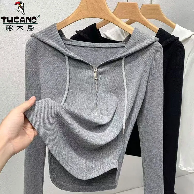 啄木鸟棉连帽长袖t恤女春秋新款内搭修身显瘦短款打底衫上衣服ins