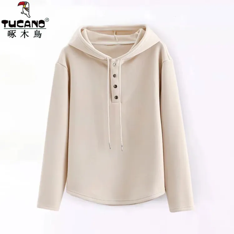 啄木鸟德绒秋冬新款卫衣女宽松短款连帽长袖洋气时尚纯色休闲上衣