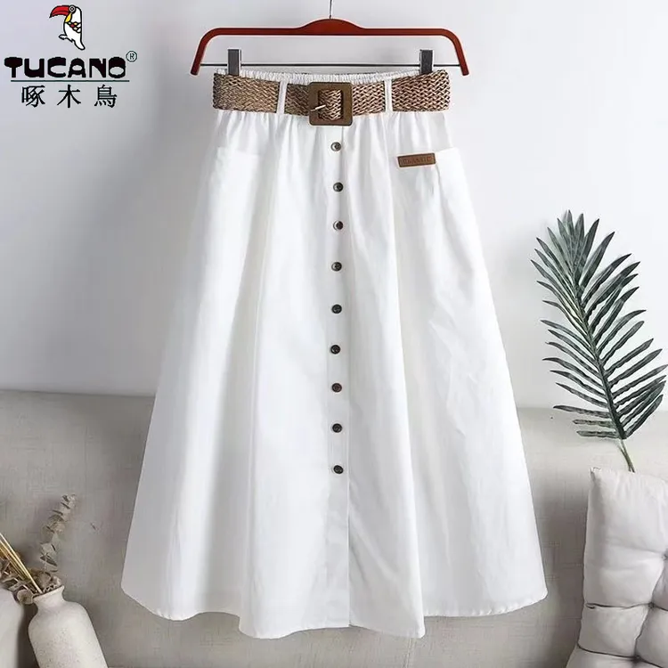 啄木鸟夏款松紧高腰中长款A字裙韩版时尚显瘦遮肉百搭半身裙