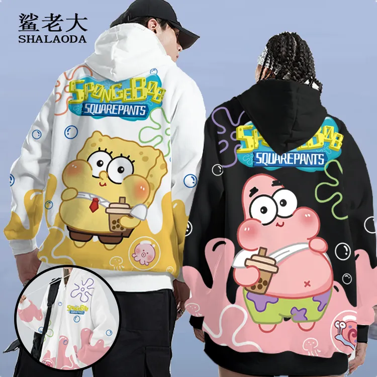 海绵宝宝联名派大星周边卫衣男连帽情侣宽松大码加绒外套卡通印花