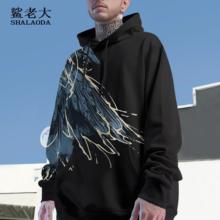 连帽卫衣男生羽毛翅膀印花外套加绒加厚秋冬季情侣装潮流大码衣服