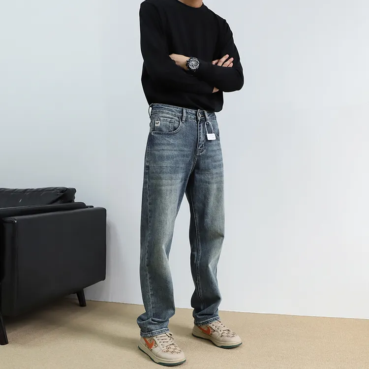 美式复古牛仔裤直筒长裤男款休闲百搭水洗蓝色宽松潮流牛仔裤男生