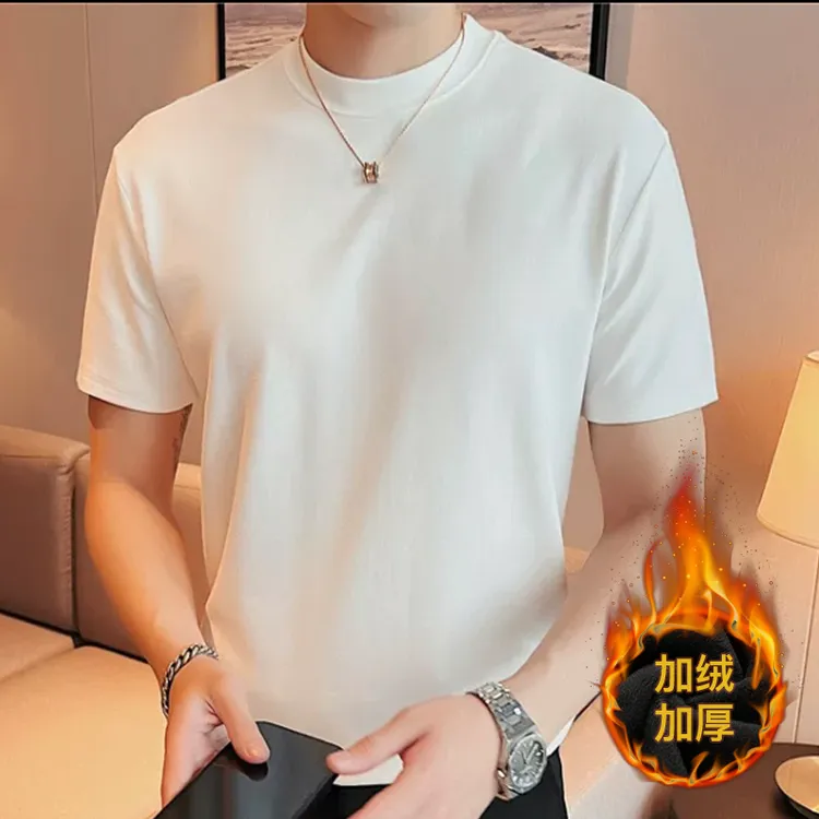 450克加绒加厚短袖t恤男士纯色百搭圆领打底衫冬季保暖内搭半袖男