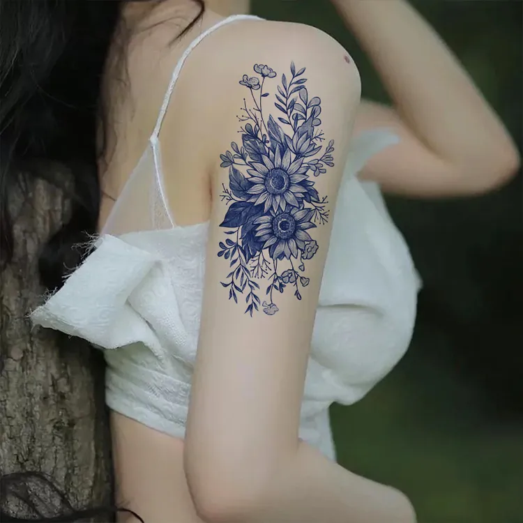 小清新向日葵花草本果汁半永久纹身贴洗不掉女花臂逼真刺青不反光