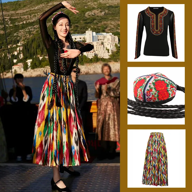 新疆舞热巴同款维吾尔族衣服新疆舞蹈服装艾德莱斯裙子跳舞套装