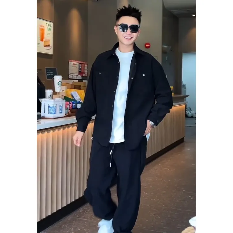 语乐同款条纹休闲运动套装男士男款春秋潮流痞帅外套直筒裤两件套