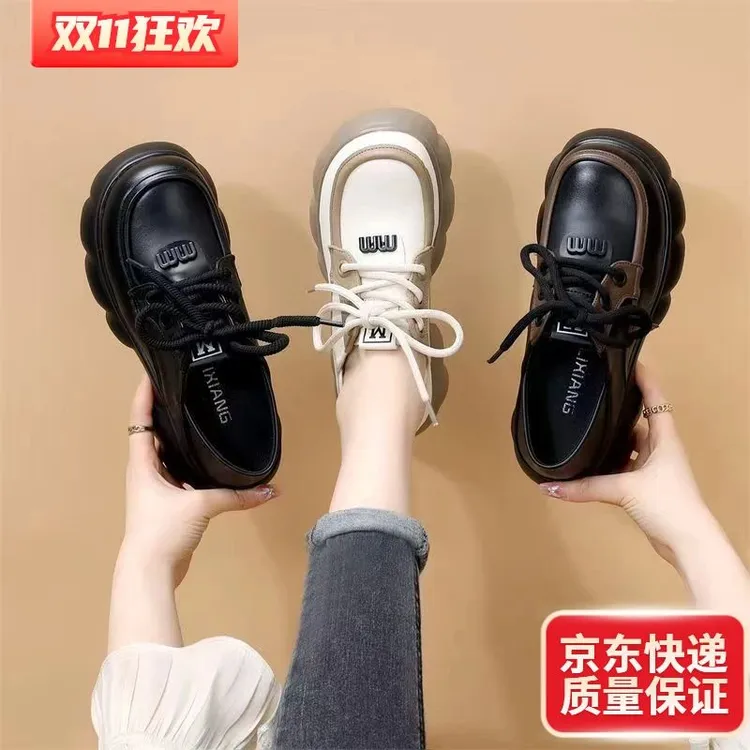 【万达断码】【双11爆款】百搭厚底小皮鞋女鞋2024春季新款松糕软底圆