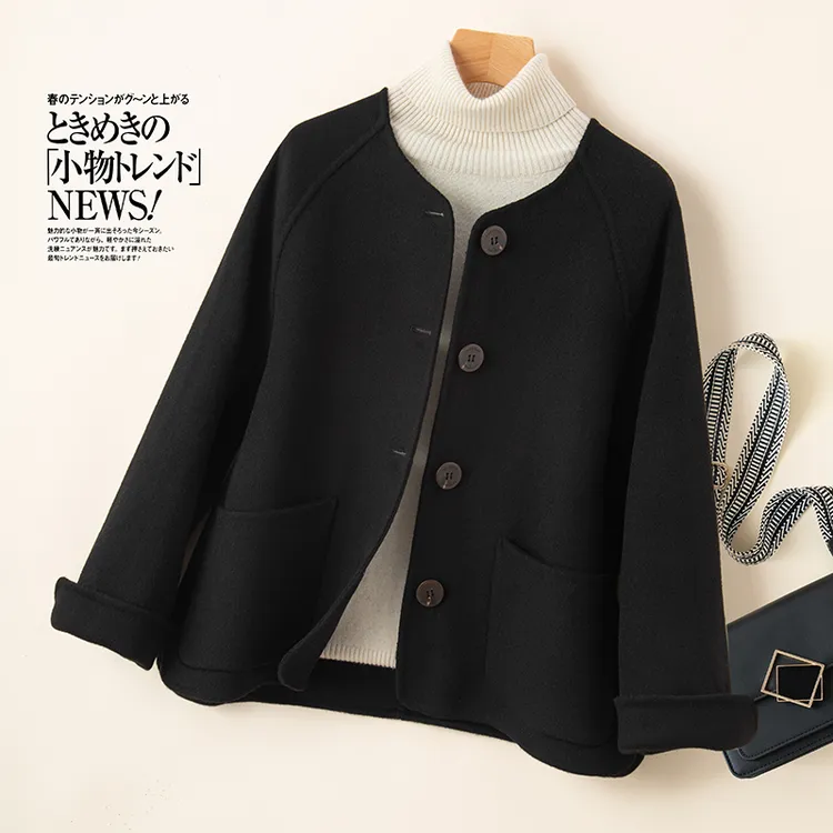 秋冬新款双面羊毛大衣女短款小香风高端时尚毛呢外套圆领韩版上衣