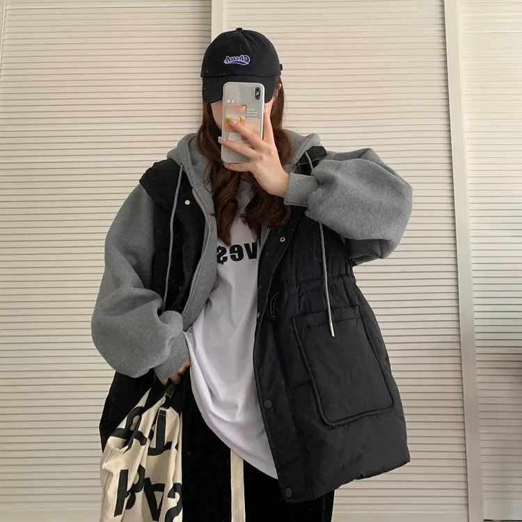 潮碧梵特大码女装胖mm冬季新款收腰宽松假两件拼接连帽棉服女棉服