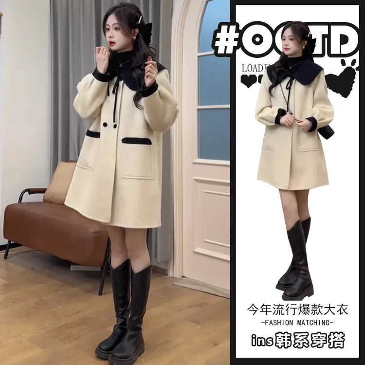 2025春秋设计感别致娃娃脸撞色拼接外套欧美宽松小个子保暖大衣女
