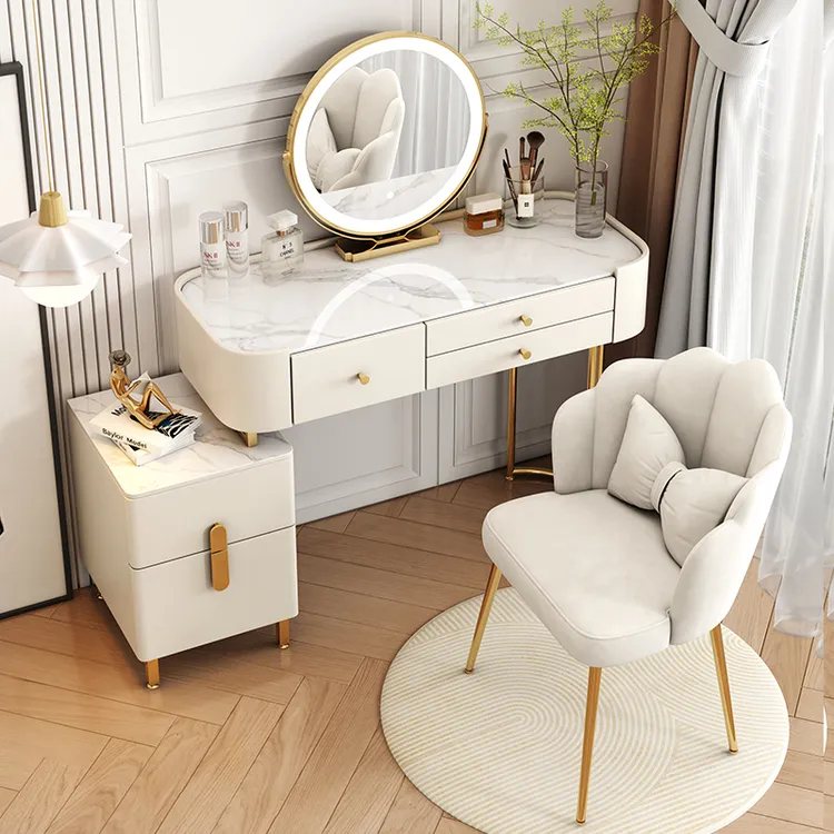 实木岩板梳妆台卧室化妆台轻奢高级感家用收纳一体柜化妆桌