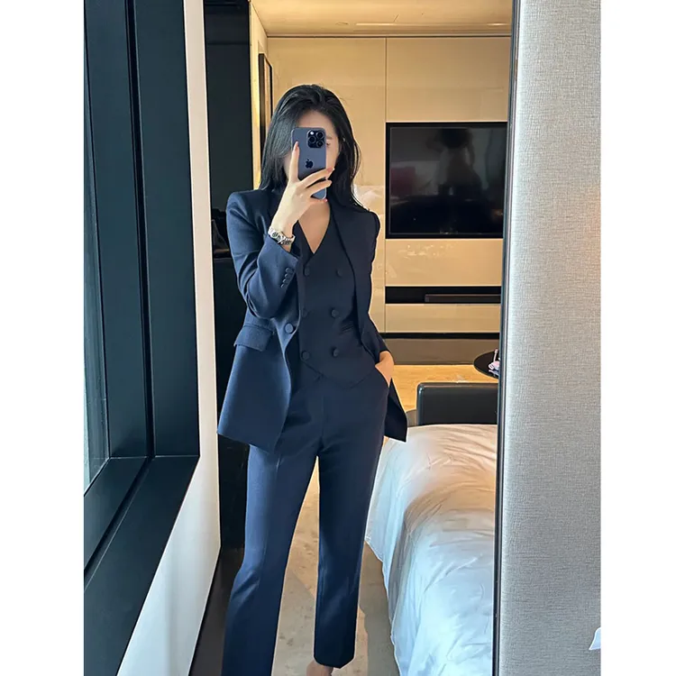 2025秋冬新气质高级感深蓝色小西装显瘦马甲职业装时尚西服女套装