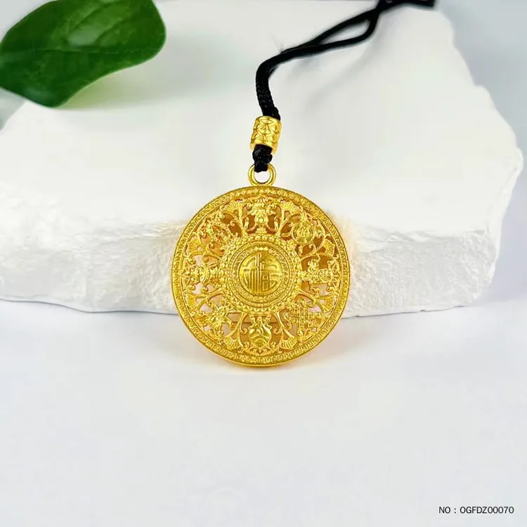足金古法八宝罗盘挂绳吊坠镂空含扣时尚传承编绳挂坠真金精美