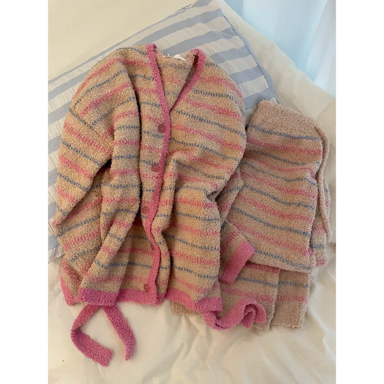 【甜美条纹】韩版可爱针织半边绒睡衣女冬新款长袖长裤家居服套装