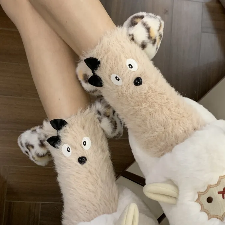 秋冬丑萌保暖卡通家居睡眠可爱搞怪毛绒地板情侣中筒袜子