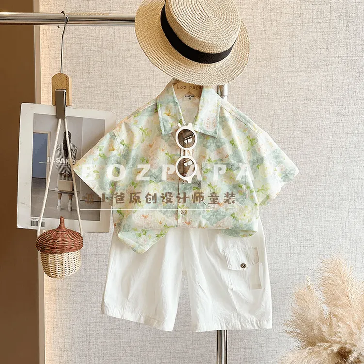 【现货】2025夏季韩版时尚花卉小清新男宝衬衫儿童薄款洋气套装男童