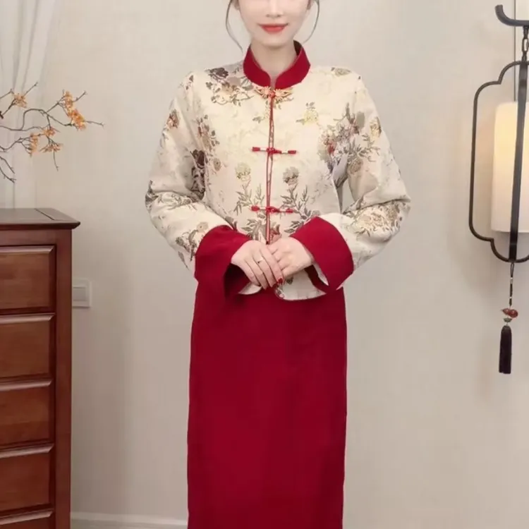 【麦麦-年华】新中式国风套装复古气质长款提花加棉外套