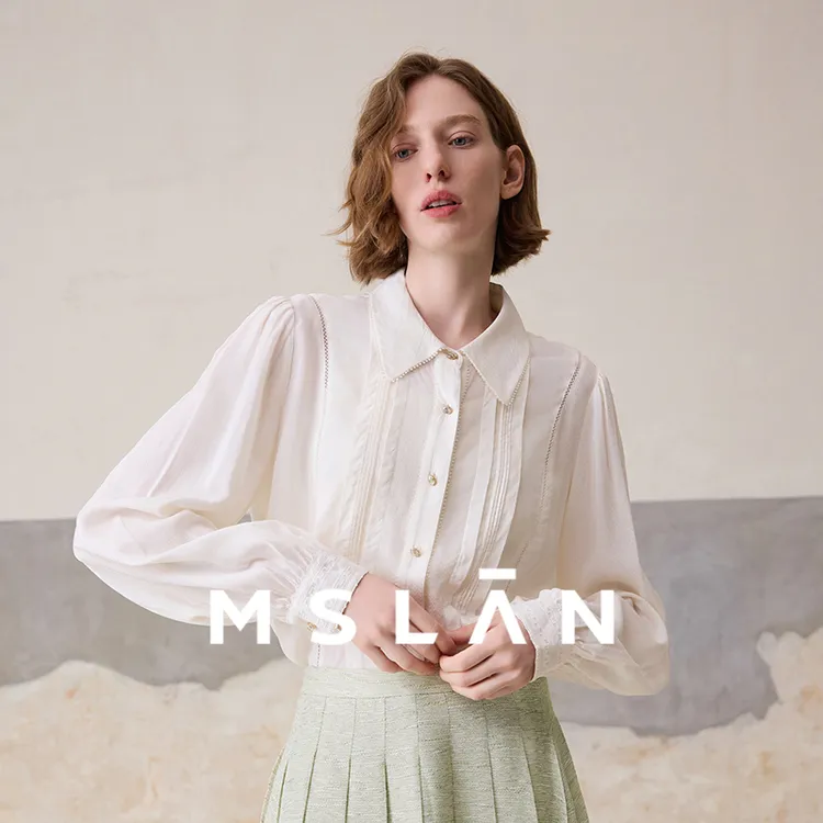 MSLAN小众高级感压褶垂坠显瘦雪纺衫泡泡袖衬衣通勤衬衫 MFBM1404