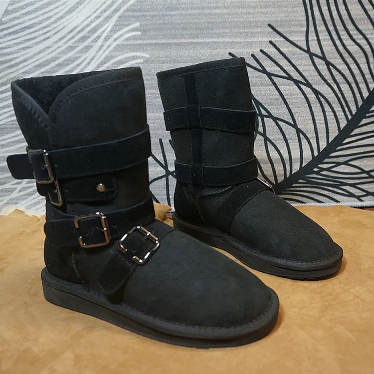 68-2冬季新款真皮羊毛雪地靴 皮带扣中筒靴 橡胶底保暖棉靴