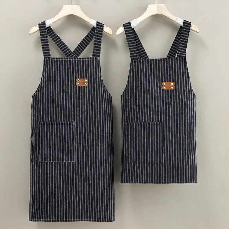 新款家用透气围裙时尚简约竖条纹交叉背带韩版防污家用厨房做饭女