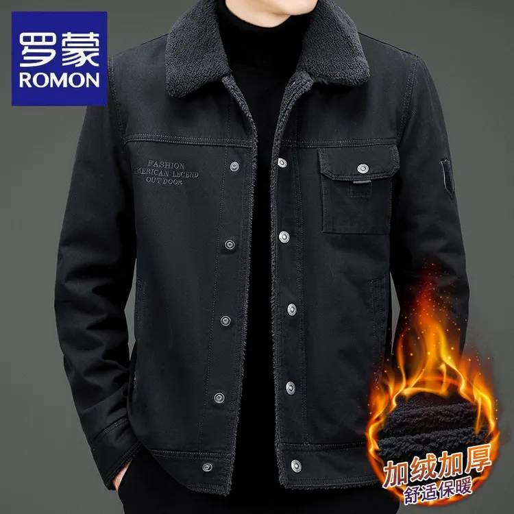 罗蒙冬季新款仿羊羔毛加绒加厚外套男士时尚潮流翻领保暖牛仔夹克