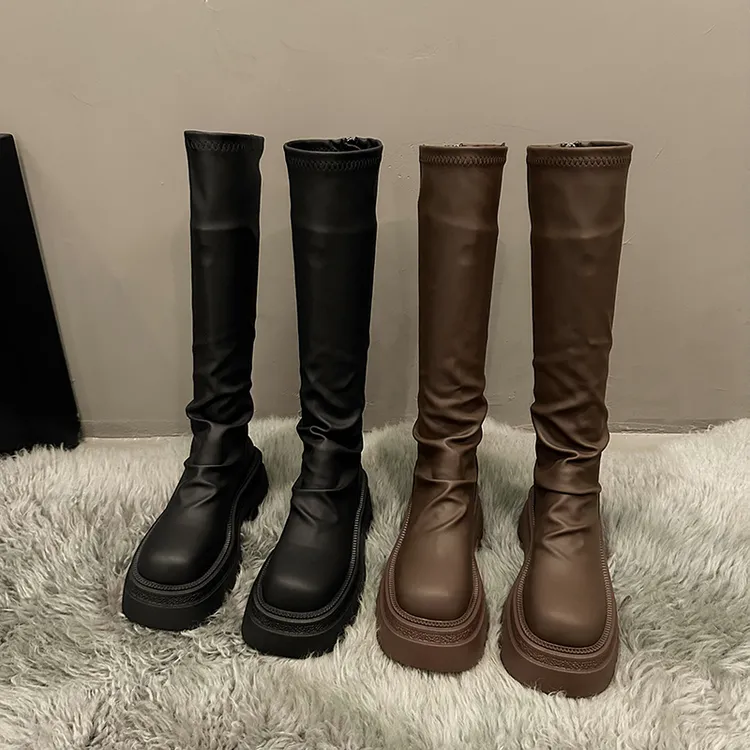 小众法式显瘦小个子厚底靴子女长筒靴2024新款秋季复古高筒骑士靴