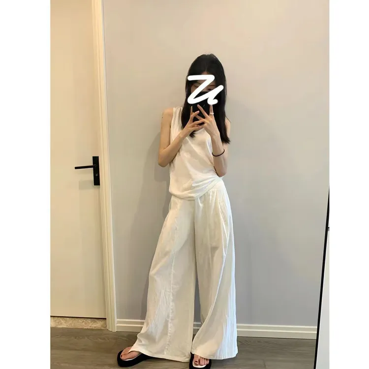 韩版白色垂感阔腿裤女夏季2024新款高腰直筒宽松休闲拖地长裤子女