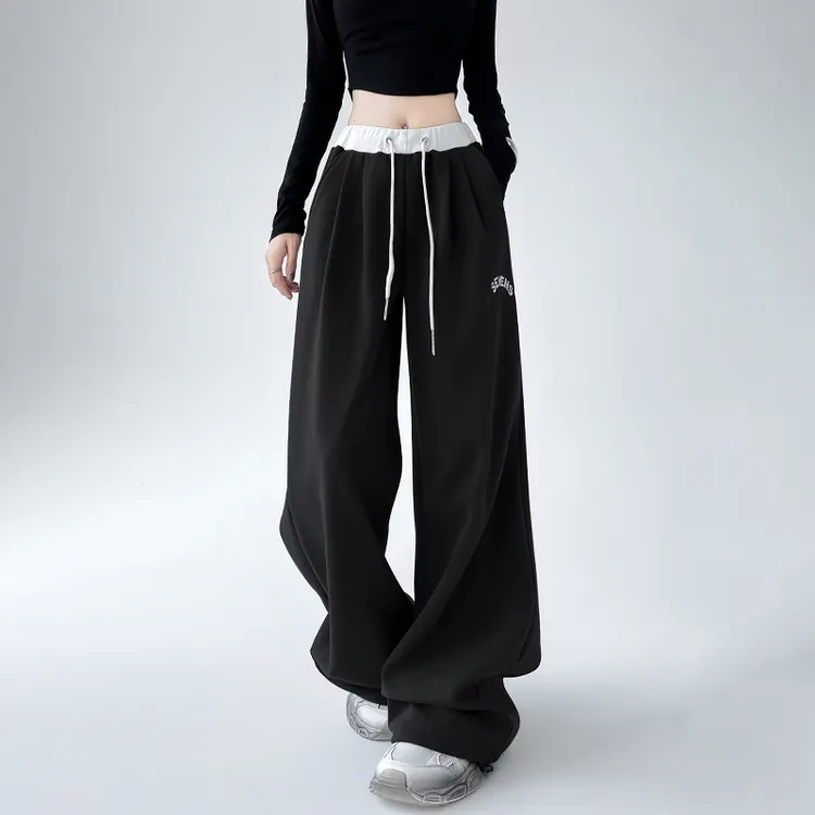 美式黑色运动裤女春秋季宽松直筒2025新款高腰休闲卫裤显瘦阔腿裤