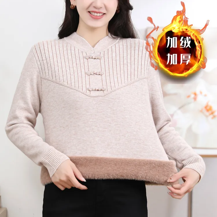 妈妈装加绒毛衣中国风洋气针织中老年女士半旗袍领加厚保暖秋冬