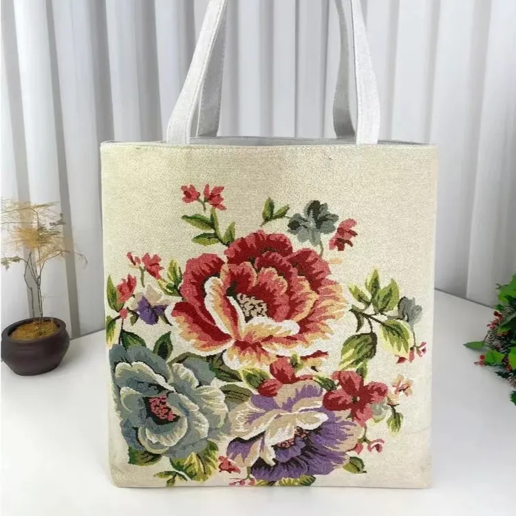 米色牡丹中国风双面民族风时尚简约针织刺绣加金丝线手提包便携