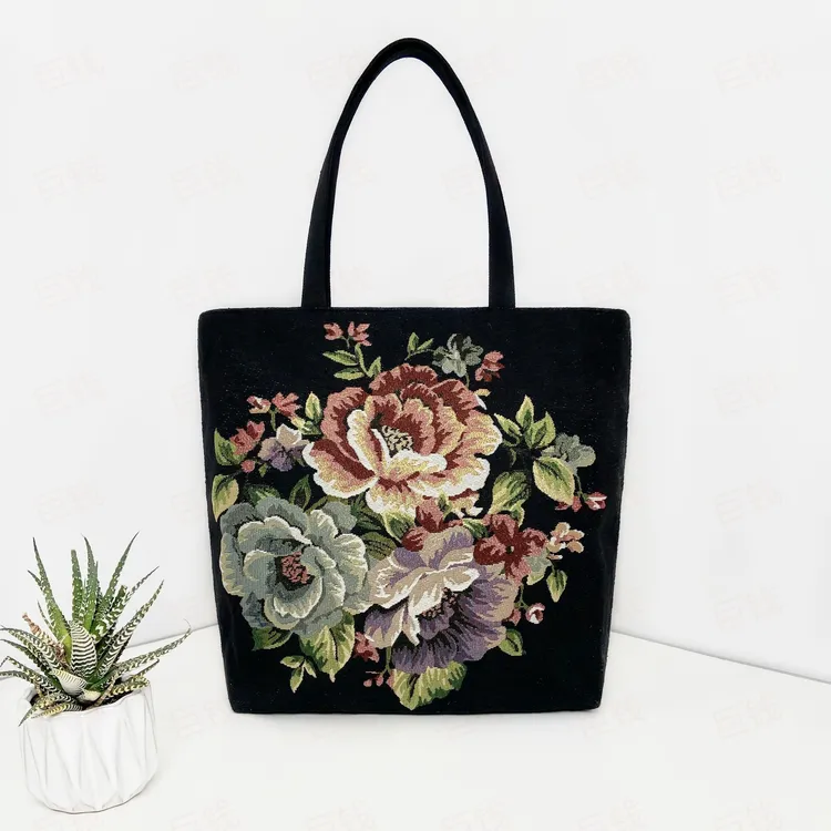 黑色牡丹中国风双面休闲时尚简约民族风针织刺绣加金丝线手提包