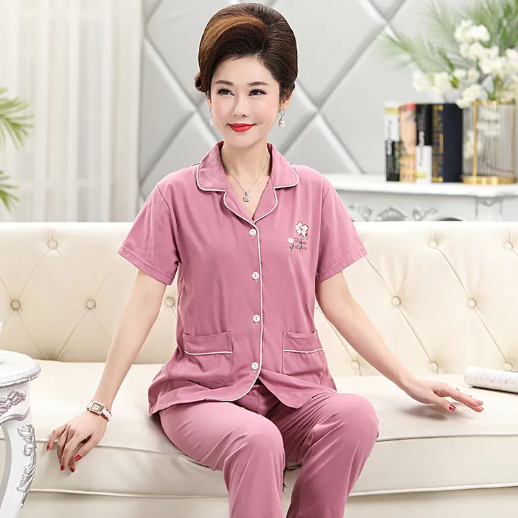 中老年妈妈睡衣女春夏季纯棉短袖长裤开衫薄款家居服大码女士套装