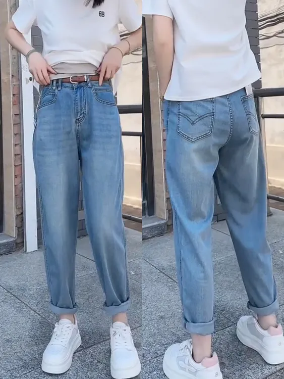女森说新款弹力莱赛尔天丝哈伦牛仔裤2025夏季薄款大码显瘦冰丝裤