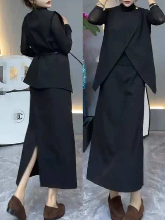 女森说秋季新款时尚女装休闲减龄潮流显瘦高腰马甲分体套裙两件套