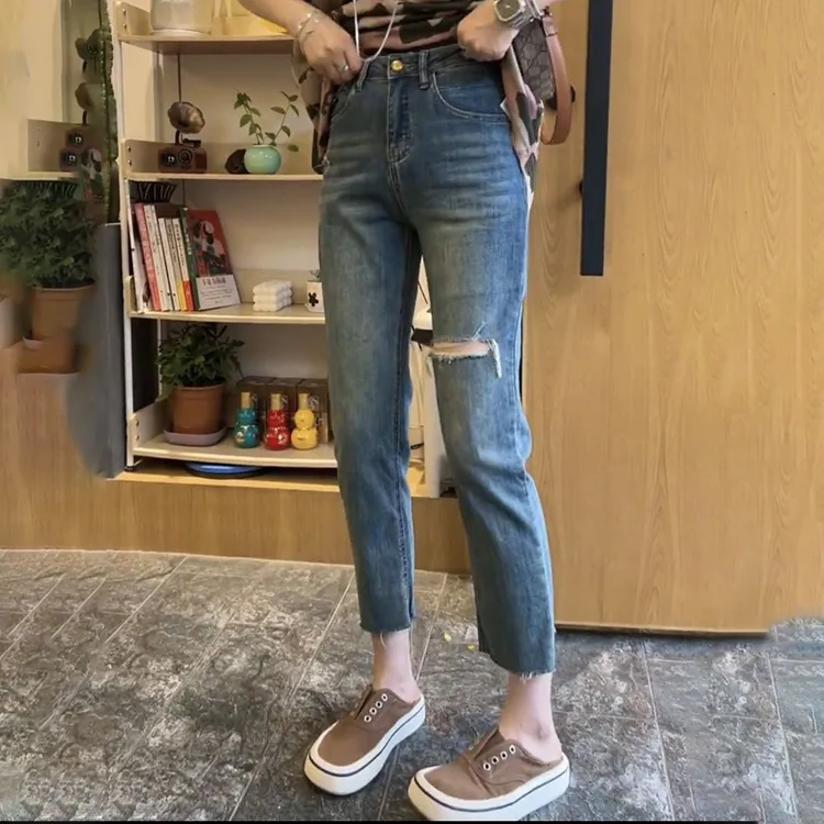 女森说梨形身材裤子大码高腰薄款破洞牛仔裤女夏季胖mm显瘦烟管裤