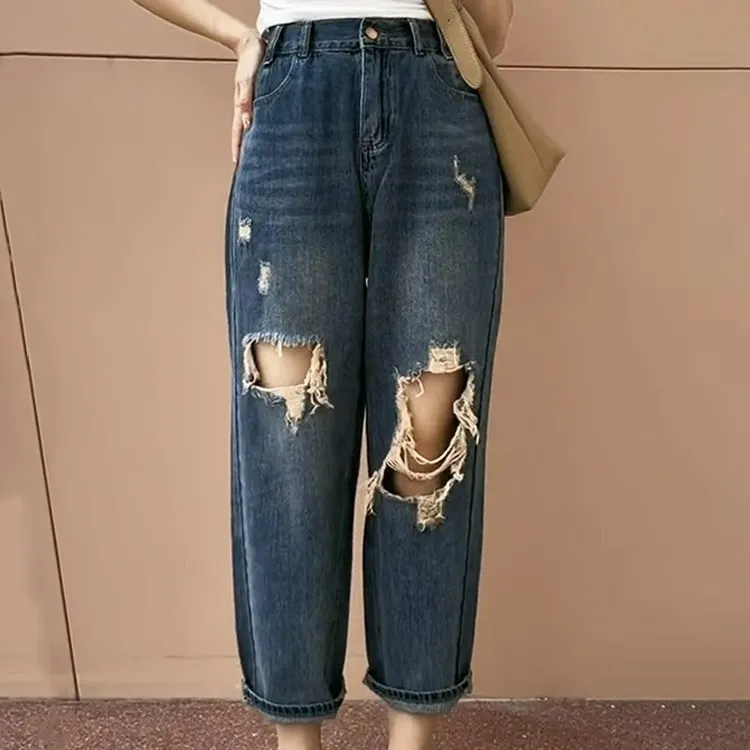破洞牛仔哈伦裤女大码梨形身材高腰宽松显瘦乞丐裤夏季薄款老爹裤