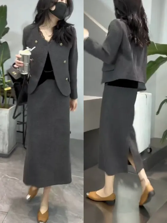 女森说秋季新款时尚女装休闲减龄气质显瘦长袖外套半身裙两件套