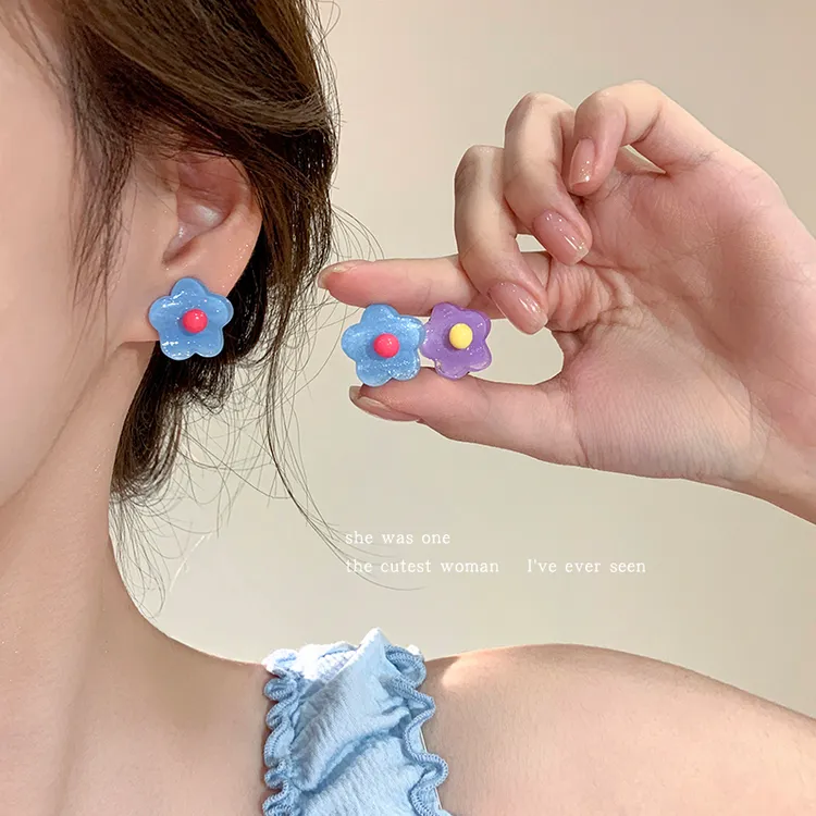 非金属亚克力耳饰 小清新果冻色花朵耳钉精致耳环简约百搭耳饰品