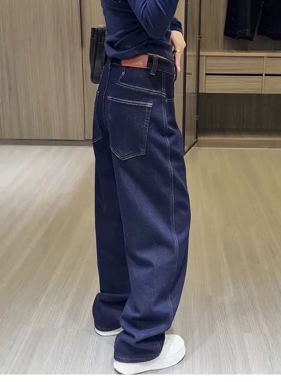 秋冬季加绒阔腿牛仔裤女2024年新款大码胖mm显瘦宽松直筒弯刀裤子