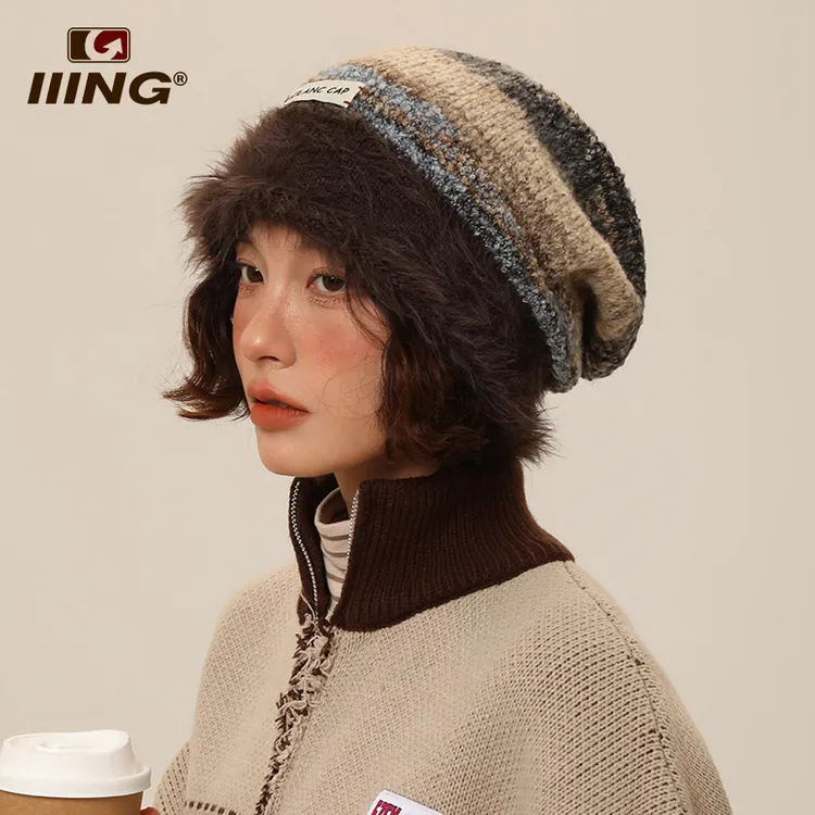 IIING帽控 毛绒包头针织堆堆帽子女显脸小秋冬防寒保暖百搭毛线帽