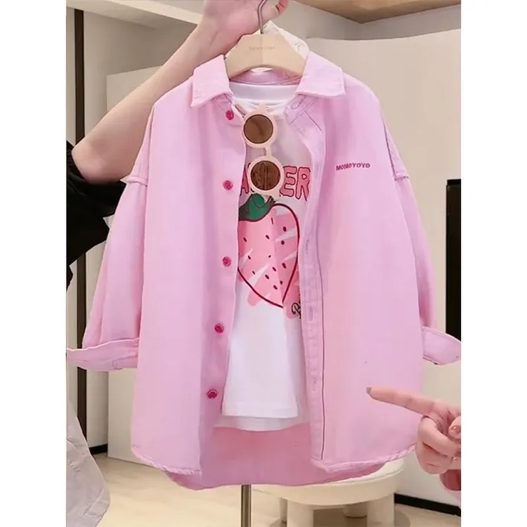 女童宽松外套粉色绣花春秋款2024新款小女孩长袖上衣洋气韩版宽松