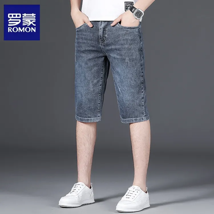 罗蒙牛仔短裤男款男士夏季薄款修身直筒弹力中裤新款百搭七分裤男