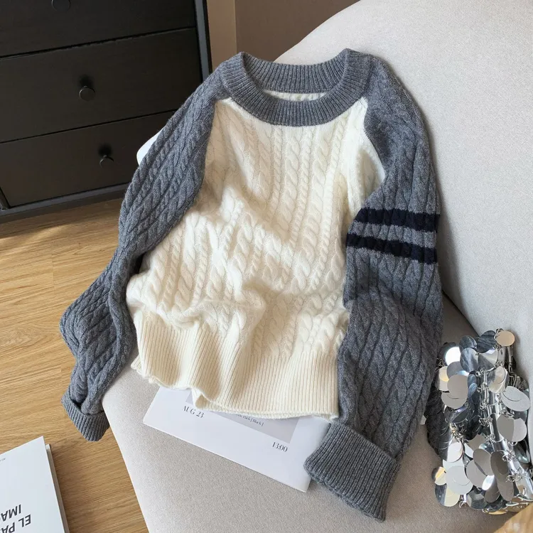 撞色圆领麻花插肩袖毛衣女秋冬季韩版慵懒休闲软糯套头外穿针织衫