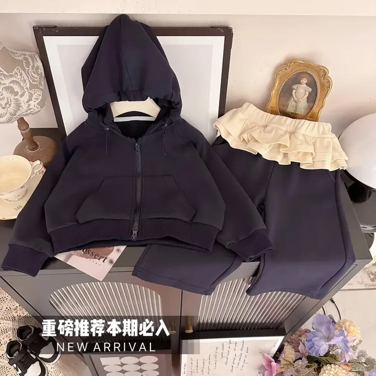 女童2025秋冬儿童新款加绒两件套连帽开衫外套阔腿裤时髦套装潮