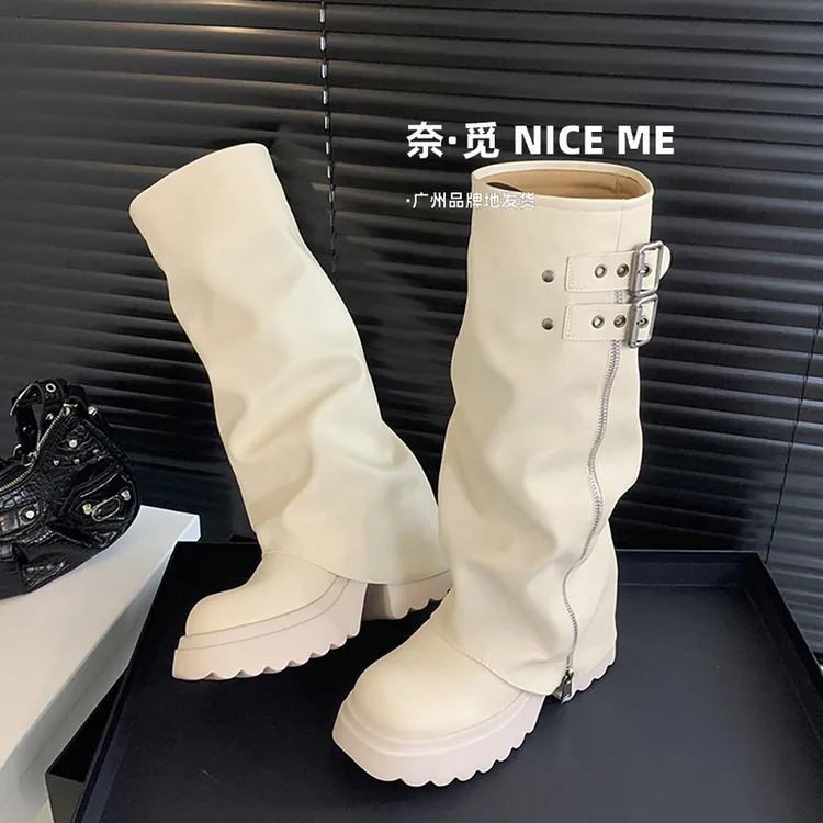 NICE ME~小个子增高厚底长靴女2025秋新款不过膝粗跟圆头长筒靴ol