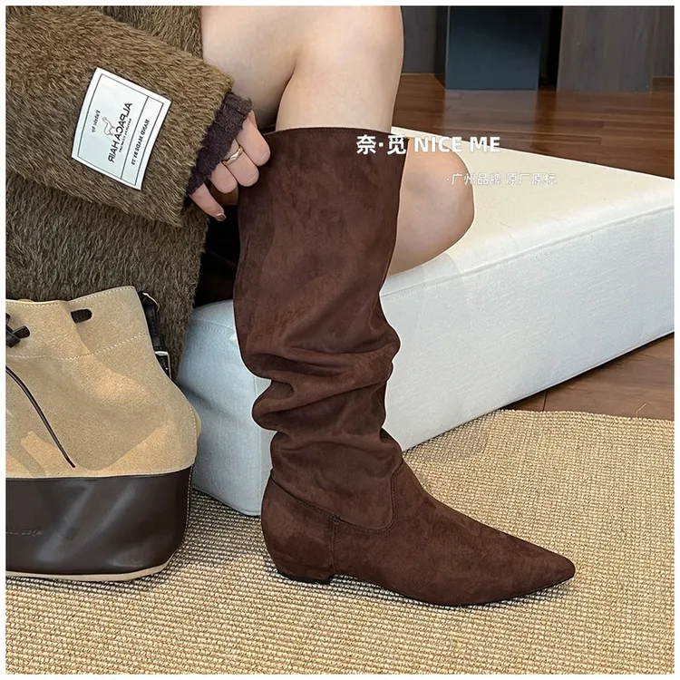 NICE ME~2.5cm沙土雅丹！杏仁叠堆长筒靴女2025年秋冬低跟不过膝靴
