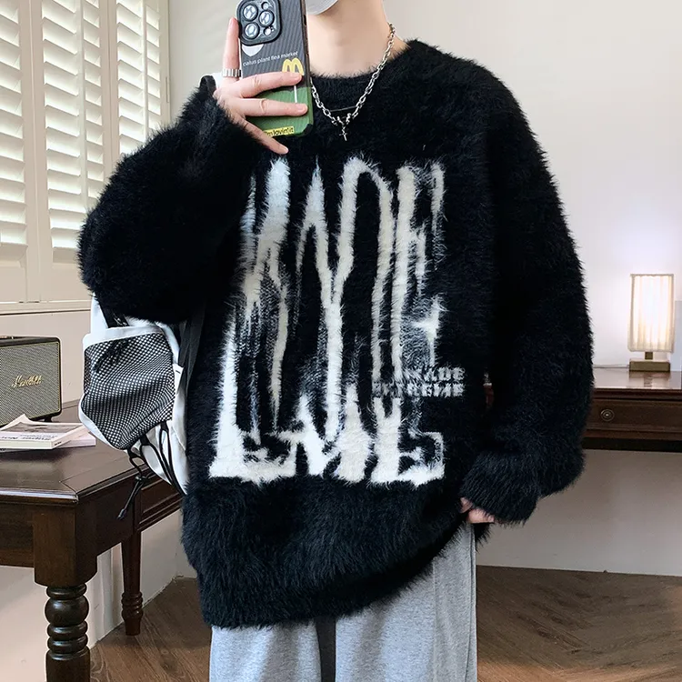 男士秋冬季新款水貂毛圆领针织衫青少年百搭毛衣 实物偏修身偏小