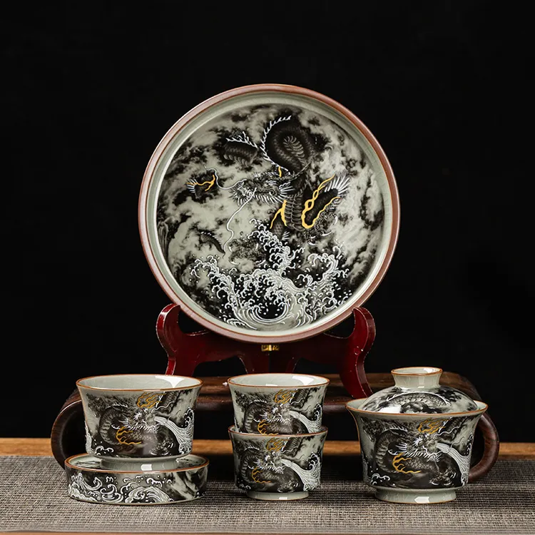 【拍一发六】无礼盒墨龙出海水龙盖碗＋壶承＋盖置＋主人杯＋客杯2个